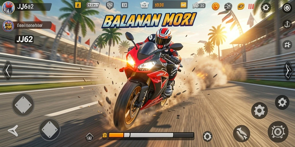 Screenshot gameplay JJ62 menampilkan aksi balapan motor yang mendebarkan.