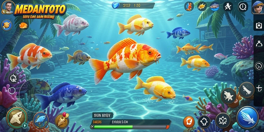 Screenshot gameplay seru dalam MEDANTOTO, menembak ikan di bawah laut.