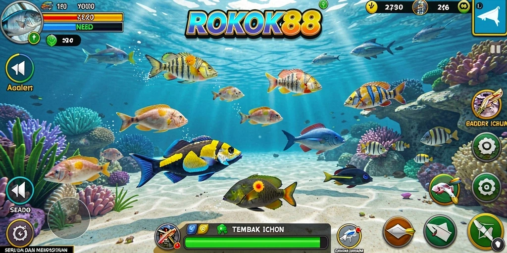 Tampilan gameplay ROKOK88 yang seru dengan ikan berwarna-warni.