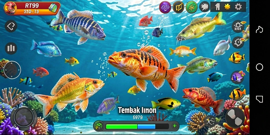 Screenshot gameplay RT99 menampilkan aksi menembak ikan yang seru.