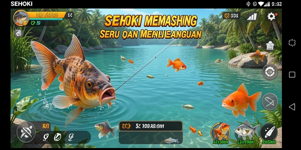 Screenshot SEHOKI menampilkan aksi memancing yang seru di lautan yang indah.